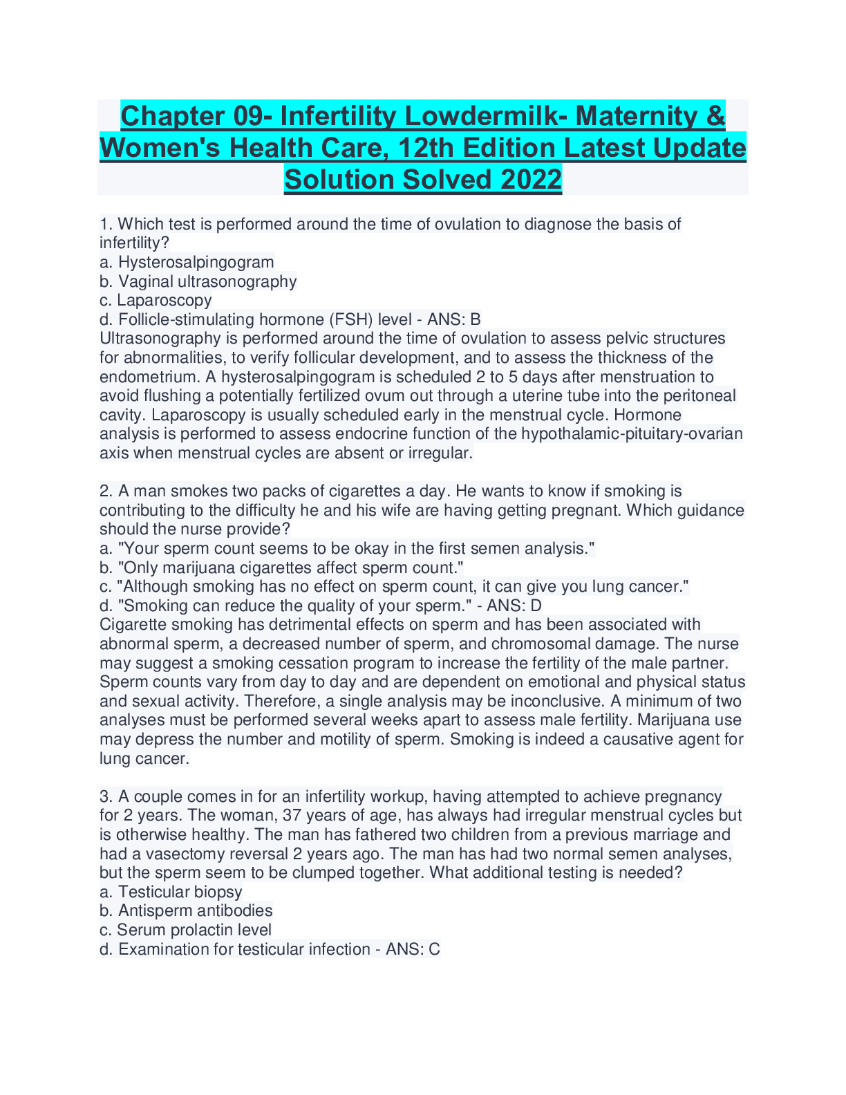 Preview of Chapter 09- Infertility Lowdermilk- Maternity &  Women's Health Care, 12th Edition Latest